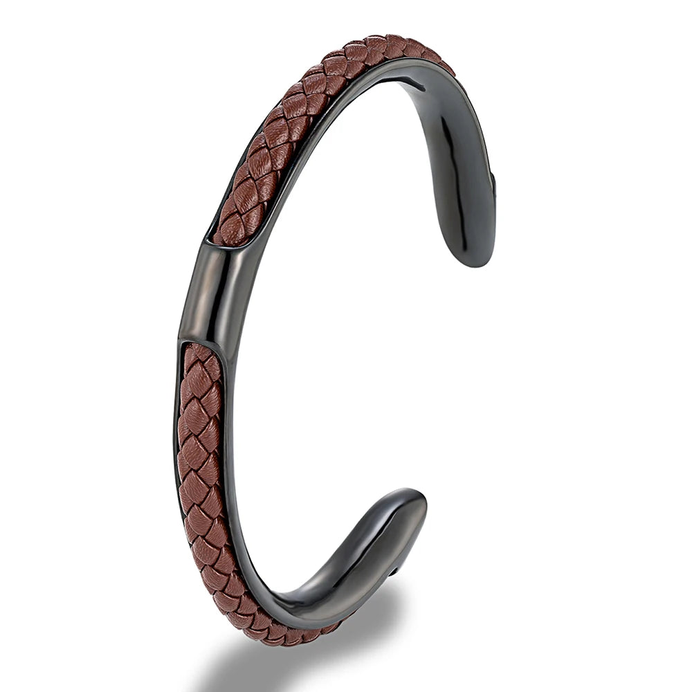 The Cuff in Black Coffee: dark steel cuff bracelet with brown braided leather inlay
