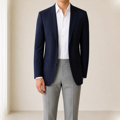 Man wearing the navy blazer open over a white shirt and light grey trousers, cropped from the chin to the knee