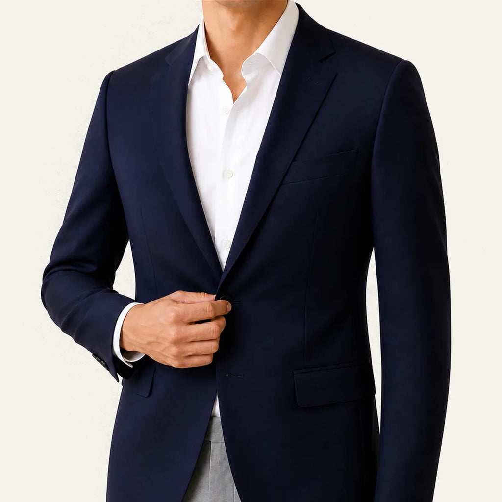 Close crop of a hand fastening the top button of the navy blazer over a white shirt