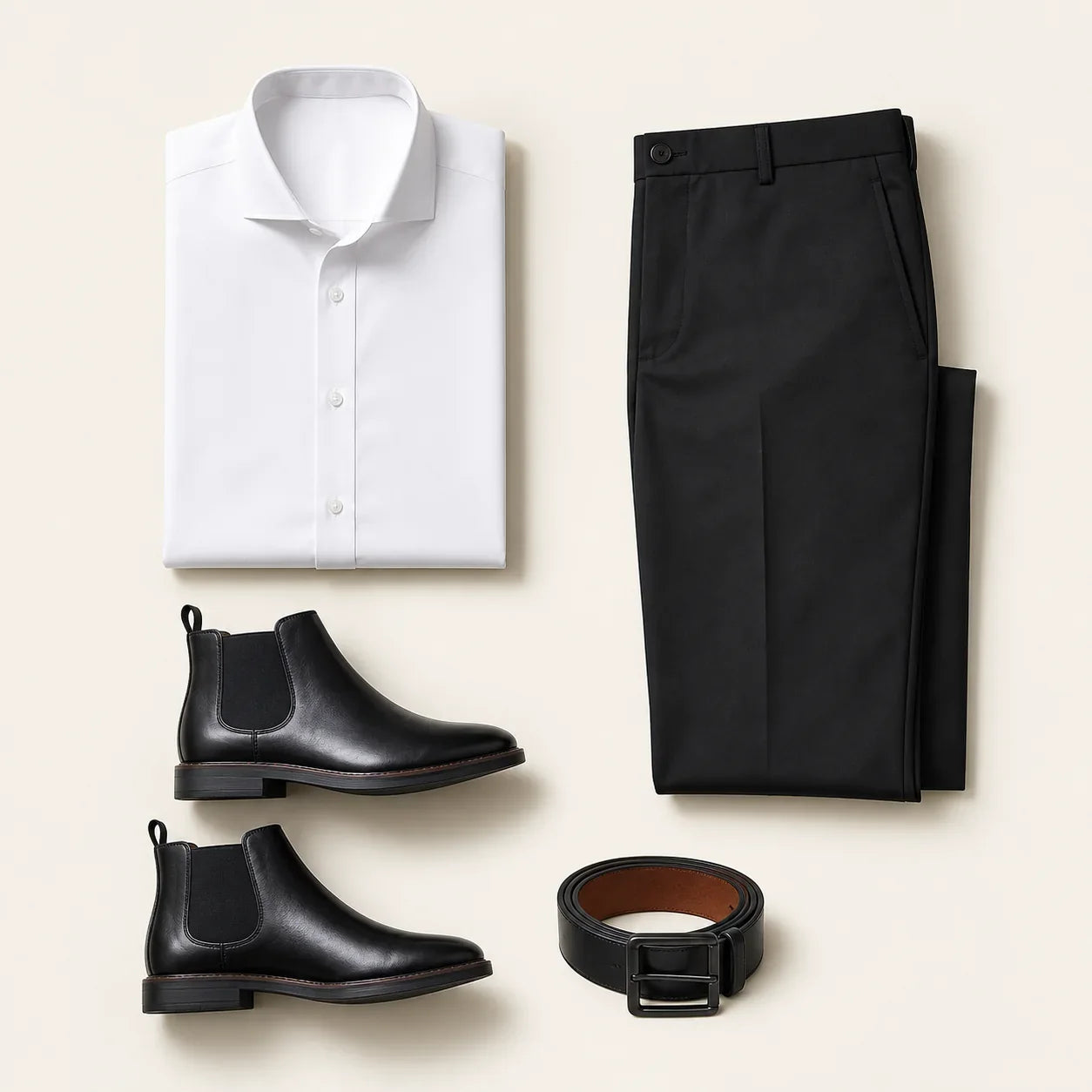 Flat lay of The Contrast Code on a bone background: folded white dress shirt, folded black trousers, black leather Chelsea boots and a coiled black leather belt