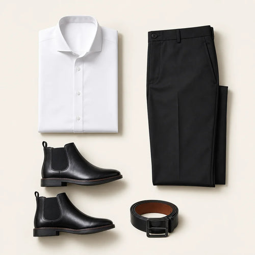 Flat lay of The Contrast Code on a bone background: folded white dress shirt, folded black trousers, black leather Chelsea boots and a coiled black leather belt