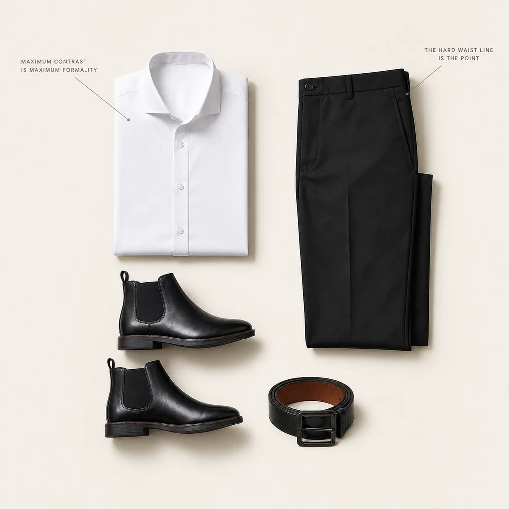 The Contrast Code flat lay with hairline annotations reading MAXIMUM CONTRAST IS MAXIMUM FORMALITY and THE HARD WAIST LINE IS THE POINT