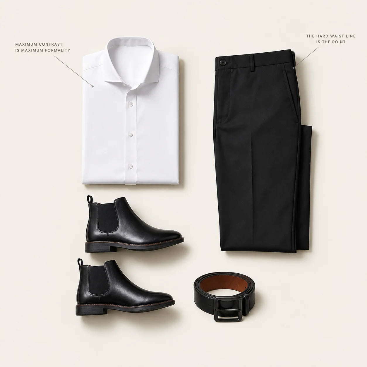 The Contrast Code flat lay with hairline annotations reading MAXIMUM CONTRAST IS MAXIMUM FORMALITY and THE HARD WAIST LINE IS THE POINT