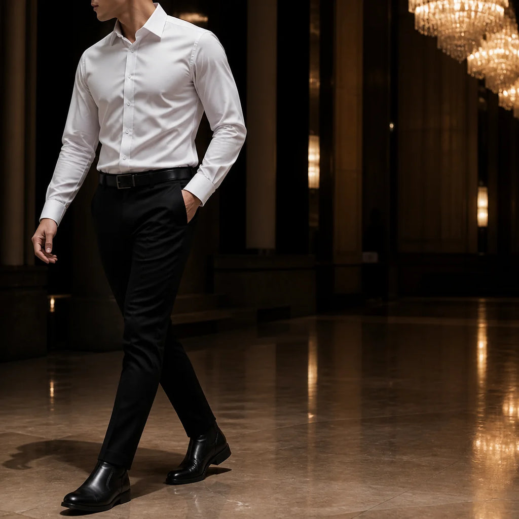 Man in a white shirt and black trousers crossing an event hall at night under chandelier light, head turned away from camera