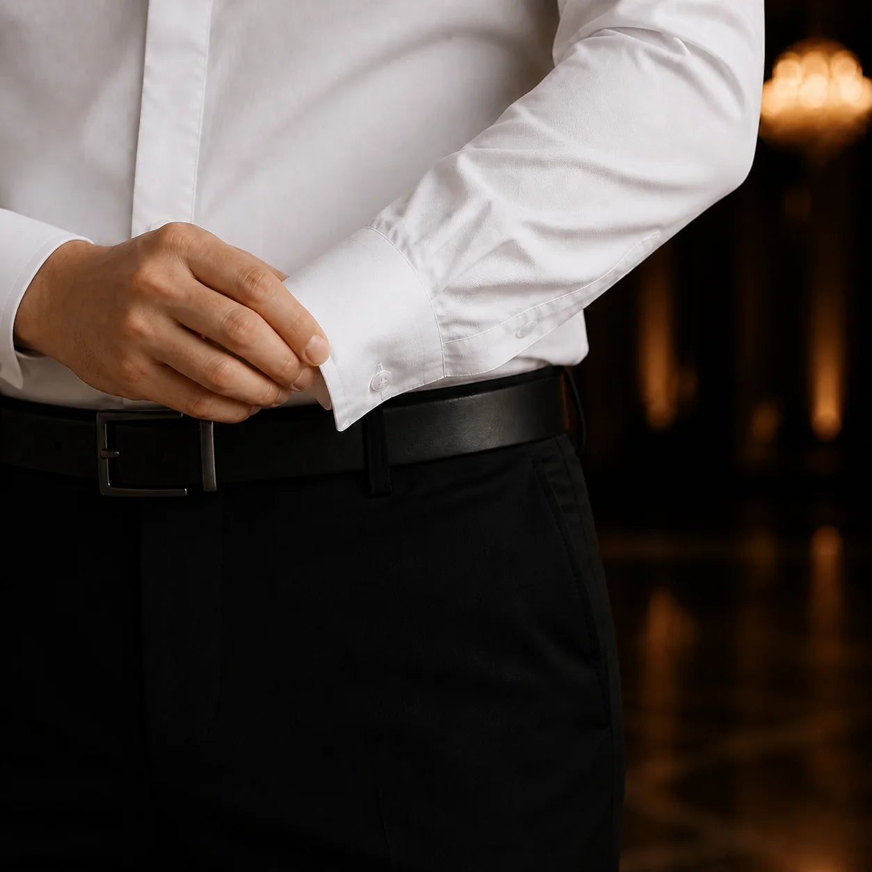 Close crop of a hand fastening the cuff button of a white shirt above black trousers and a black leather belt