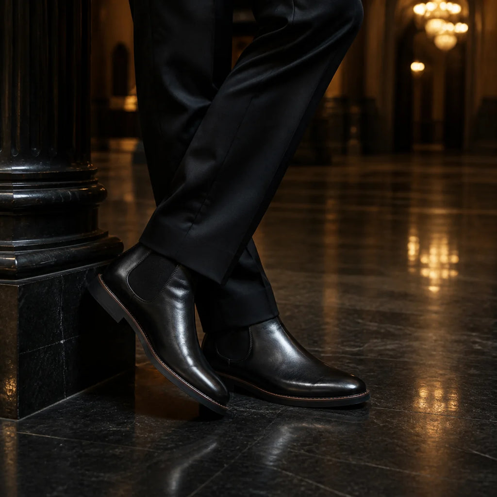 Black leather Chelsea boots on a polished dark stone floor reflecting chandelier light, black trouser hem breaking over the boot