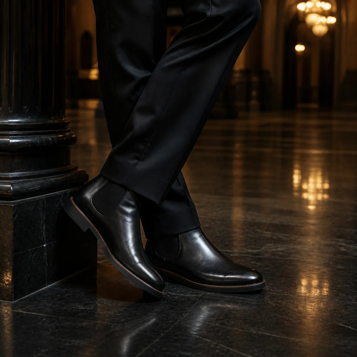Black leather Chelsea boots on a polished dark stone floor reflecting chandelier light, black trouser hem breaking over the boot