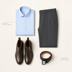 The Elegance Code flat lay with hairline annotations reading BLUE SOFTENS WHERE WHITE HARDENS and BROWN WITH GREY READS AS A DECISION