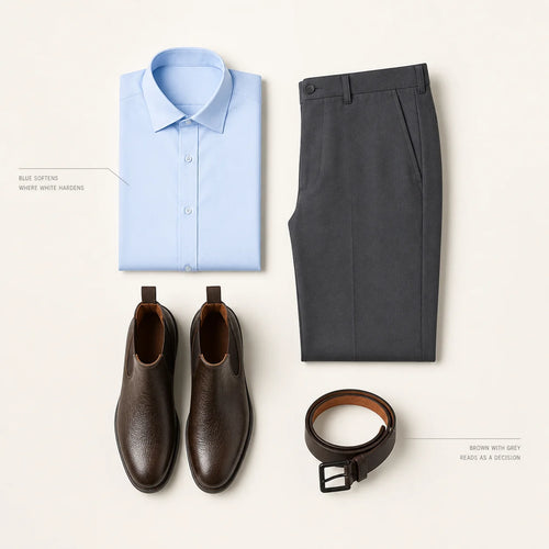 The Elegance Code flat lay with hairline annotations reading BLUE SOFTENS WHERE WHITE HARDENS and BROWN WITH GREY READS AS A DECISION