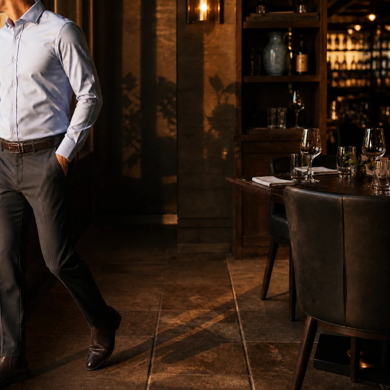 Man in a light blue shirt and charcoal trousers standing in a warmly lit restaurant at dusk, cropped by the left edge of the frame