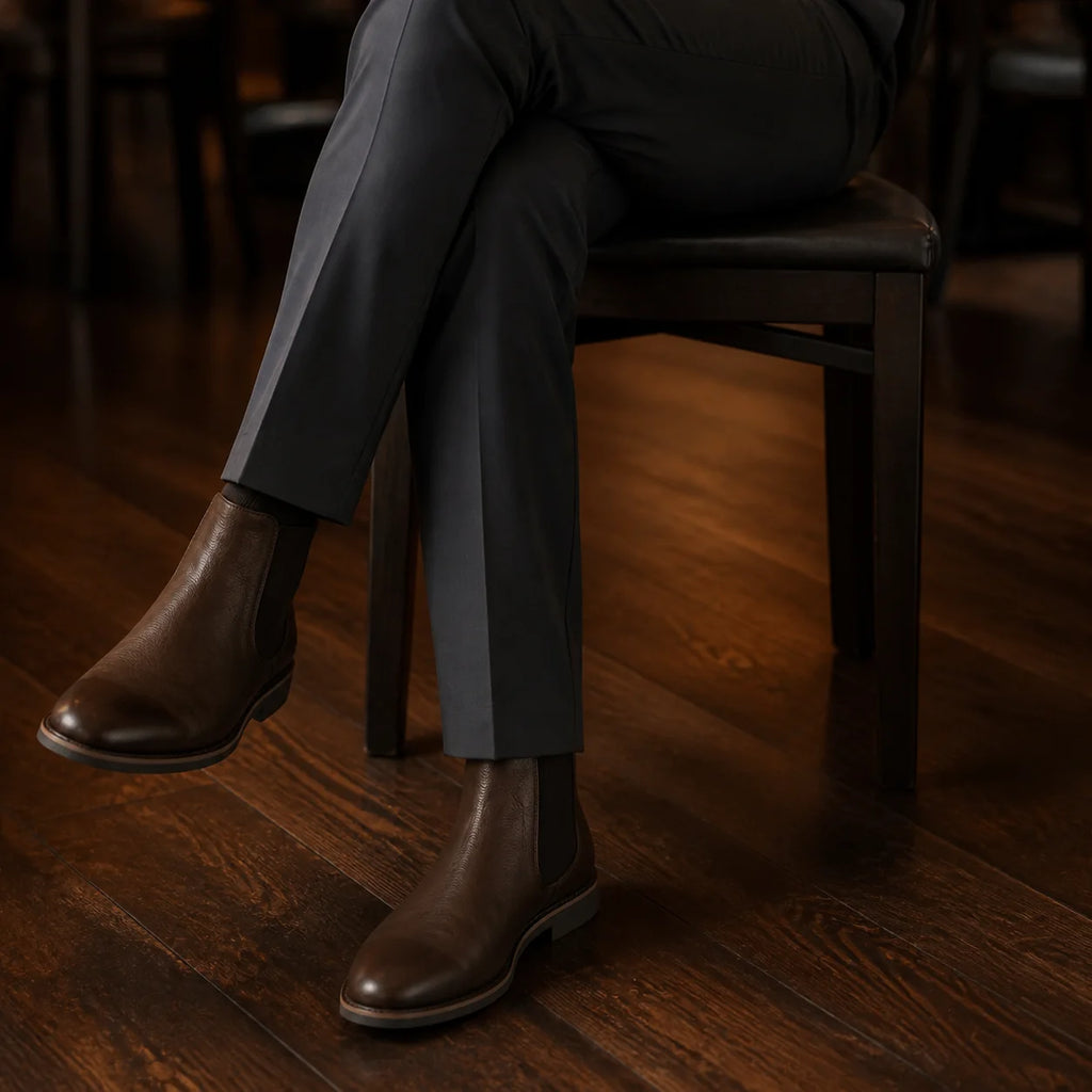 Seated man from the knee down: dark brown Chelsea boots on a dark wooden floor, charcoal trouser hem breaking over the boot