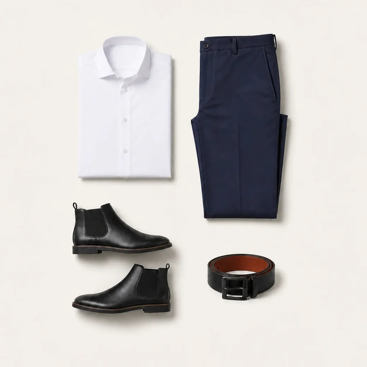 Flat lay of The Executive Code on a bone background: folded white dress shirt, folded navy trousers, black leather Chelsea boots and a coiled black leather belt