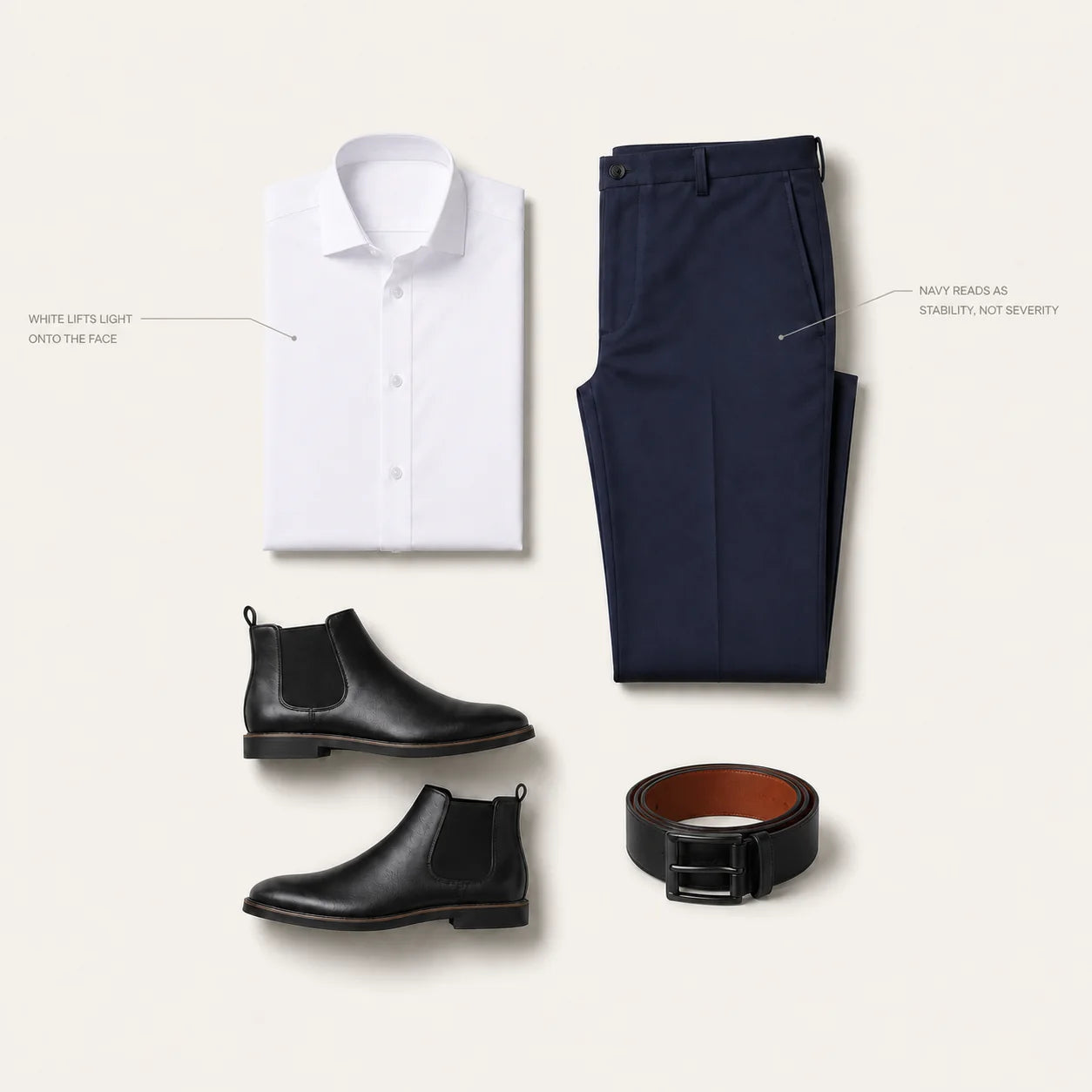 The Executive Code flat lay with hairline annotations reading WHITE LIFTS LIGHT ONTO THE FACE and NAVY READS AS STABILITY, NOT SEVERITY
