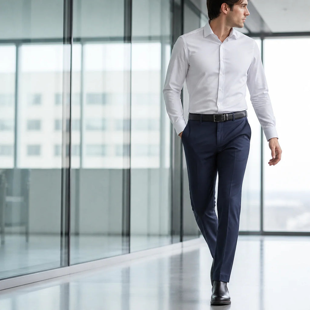 Man in a white shirt and navy trousers walking down a glass office corridor in cool daylight, head turned away from camera