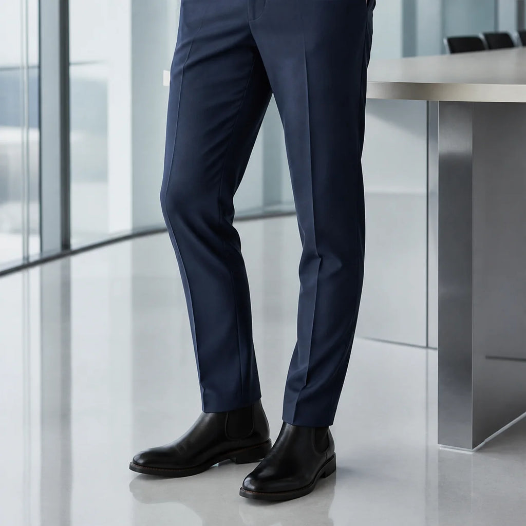 Black leather Chelsea boots on a polished office floor, navy trouser hem breaking cleanly over the boot