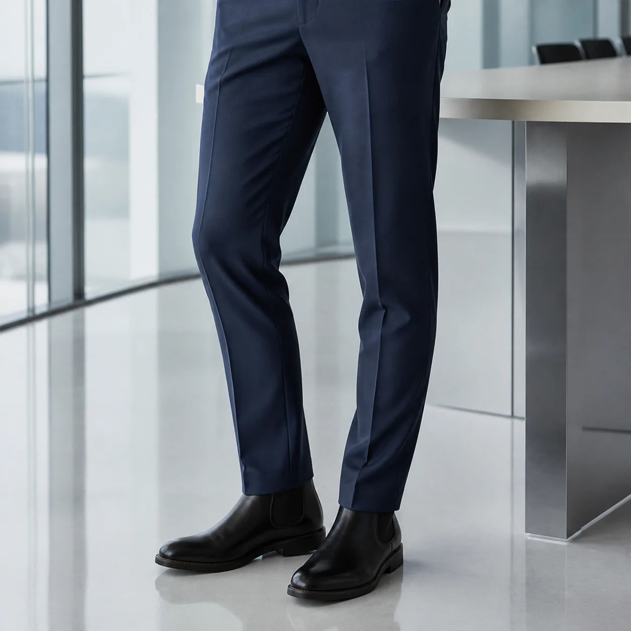 Black leather Chelsea boots on a polished office floor, navy trouser hem breaking cleanly over the boot