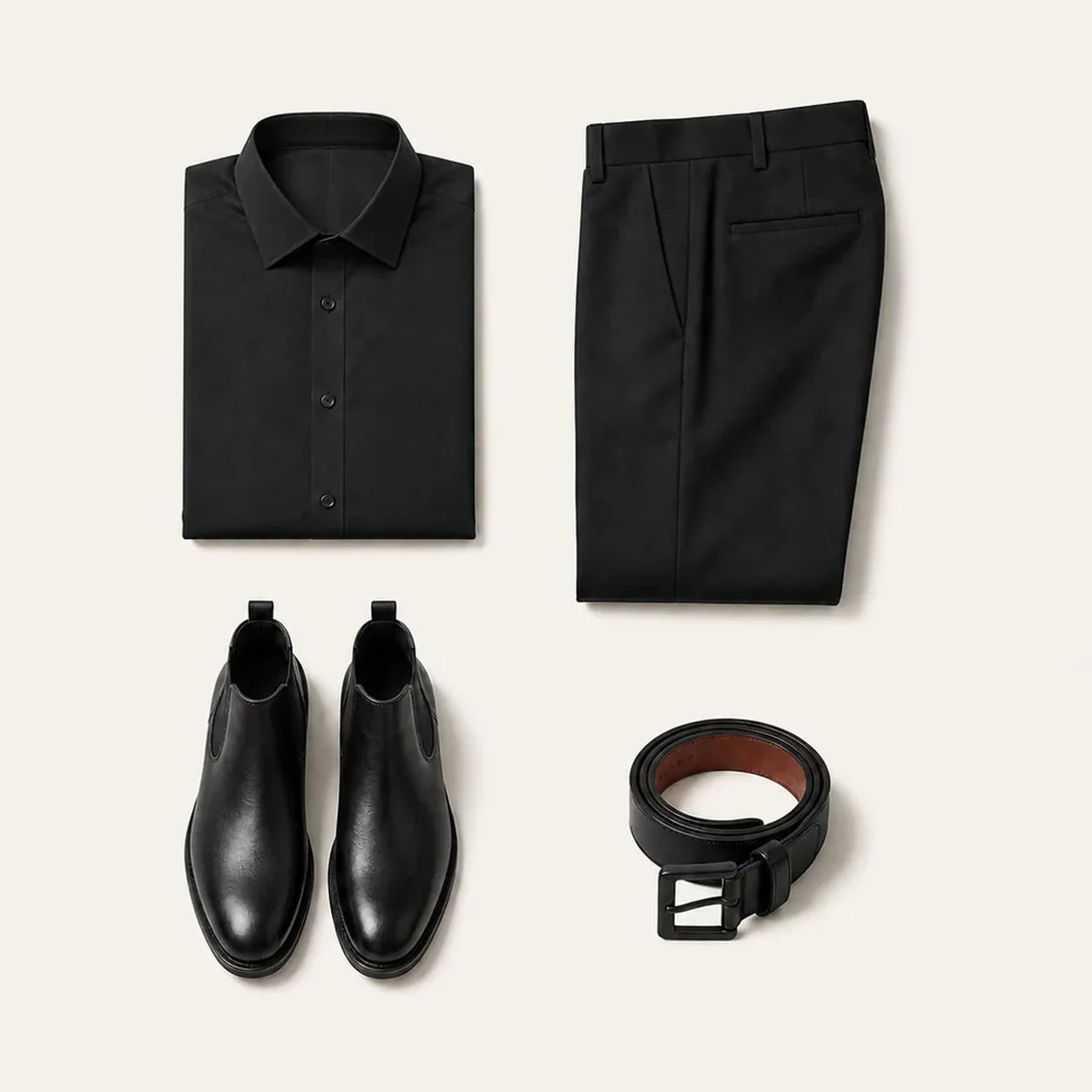 Flat lay of The Midnight Code on a bone background: folded black dress shirt, folded black trousers, black leather Chelsea boots and a coiled black leather belt