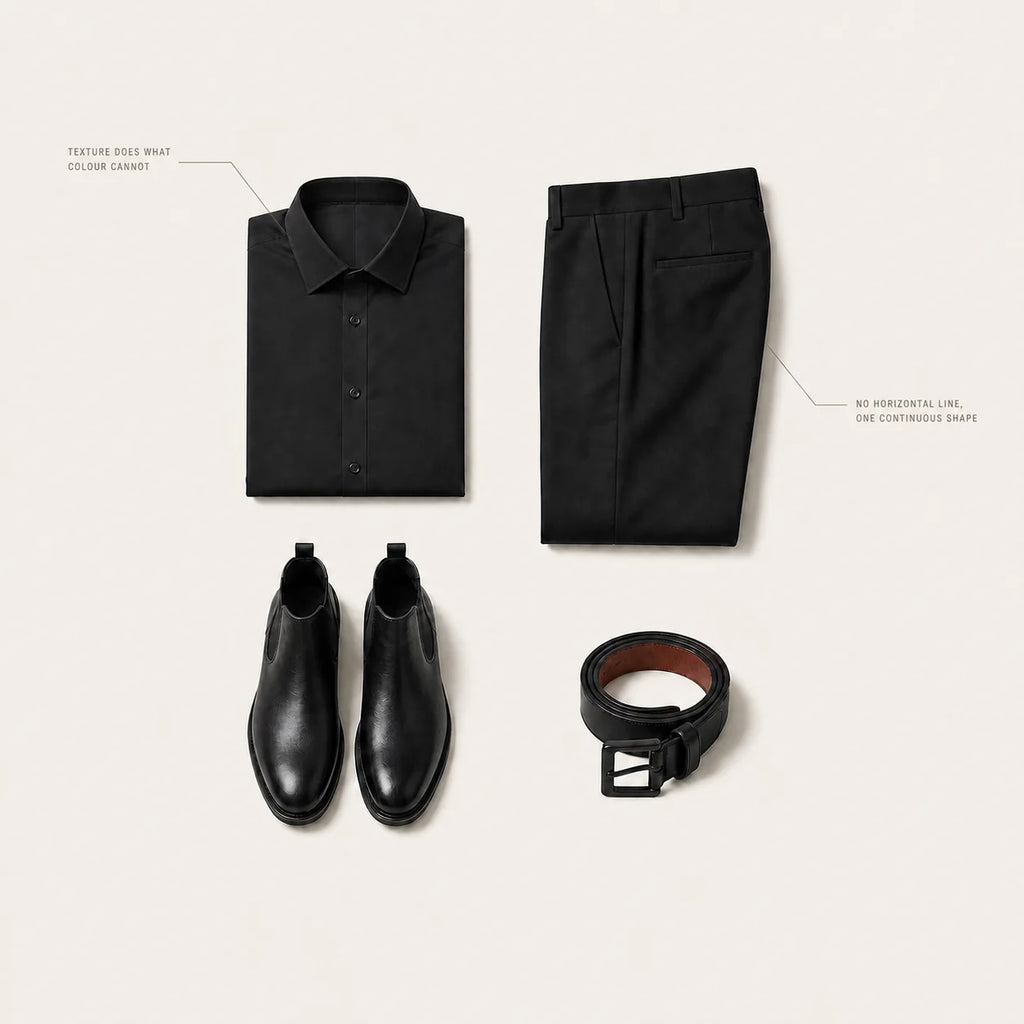 The Midnight Code flat lay with hairline annotations reading TEXTURE DOES WHAT COLOUR CANNOT and NO HORIZONTAL LINE, ONE CONTINUOUS SHAPE