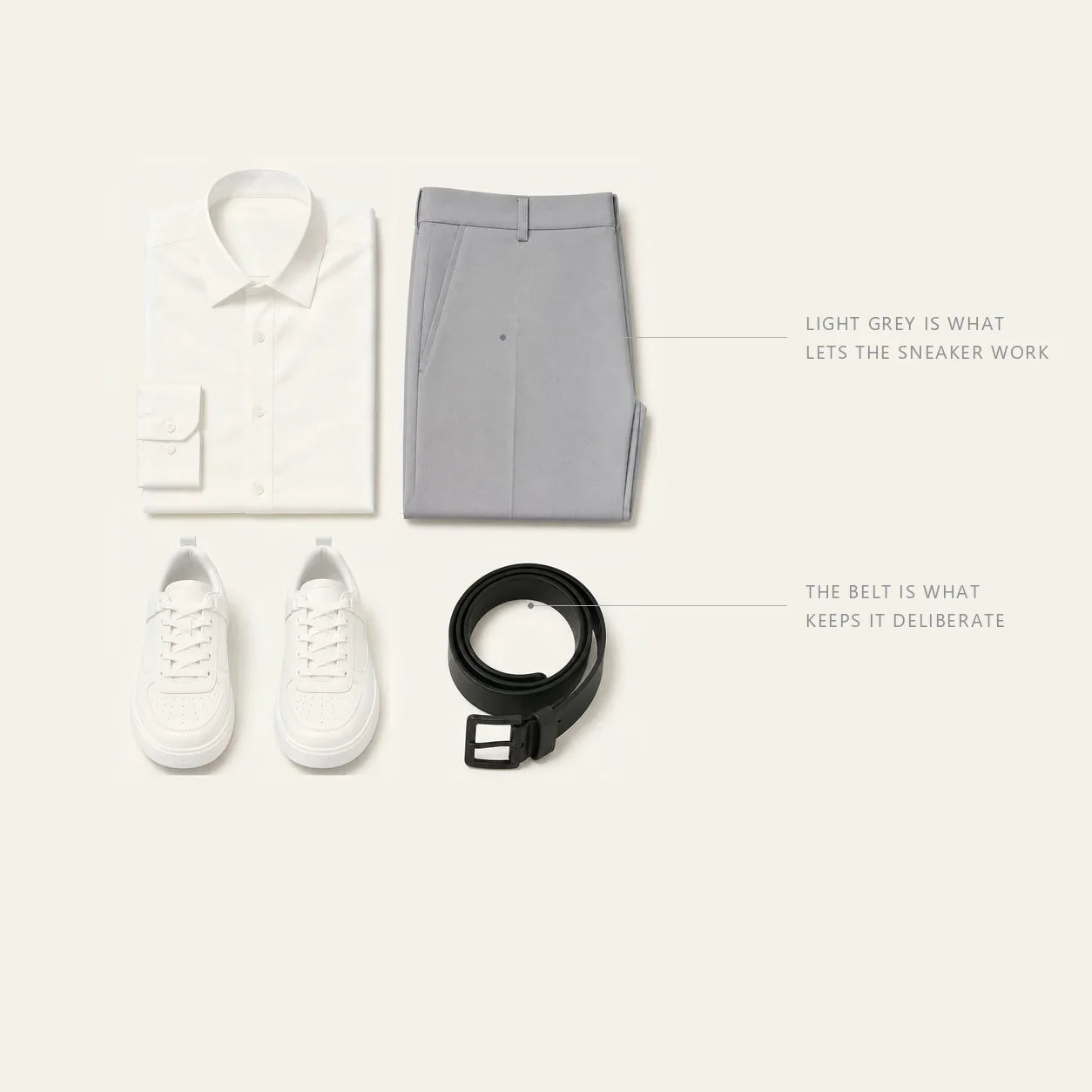 The Modern Code flat lay with hairline annotations reading LIGHT GREY IS WHAT LETS THE SNEAKER WORK and THE BELT IS WHAT KEEPS IT DELIBERATE