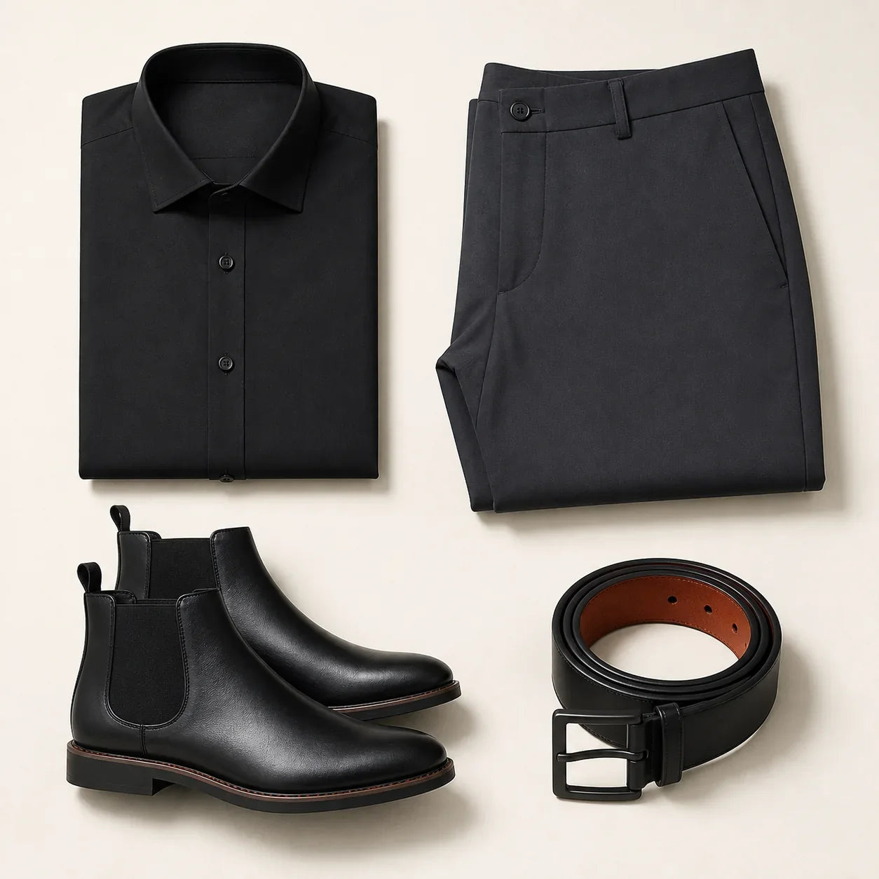 Flat lay of The Power Code on a bone background: folded black dress shirt, folded charcoal trousers, black leather Chelsea boots and a coiled black leather belt