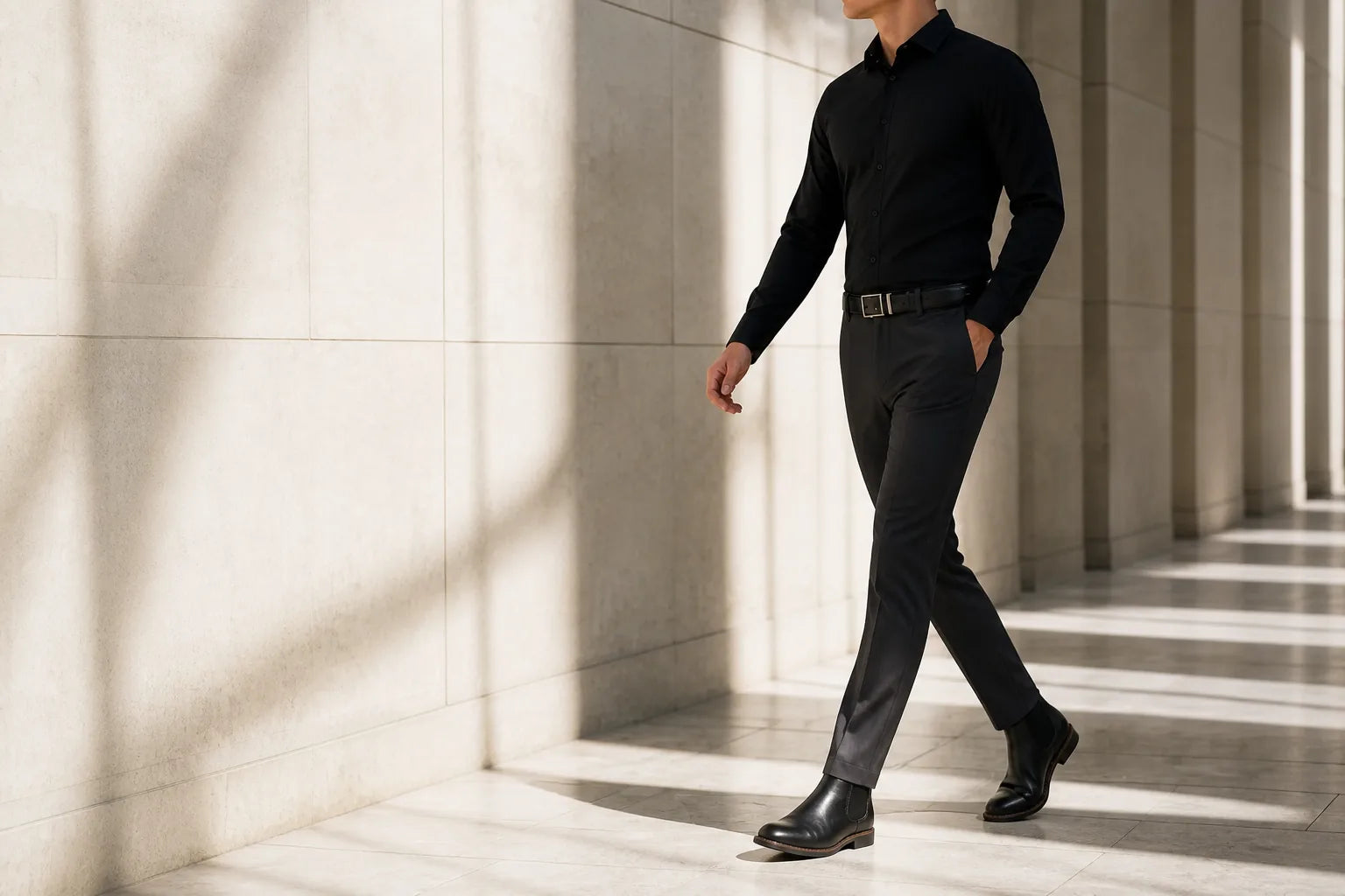 Man in a black shirt and black trousers walking through a sunlit marble corridor, wearing The Power Code
