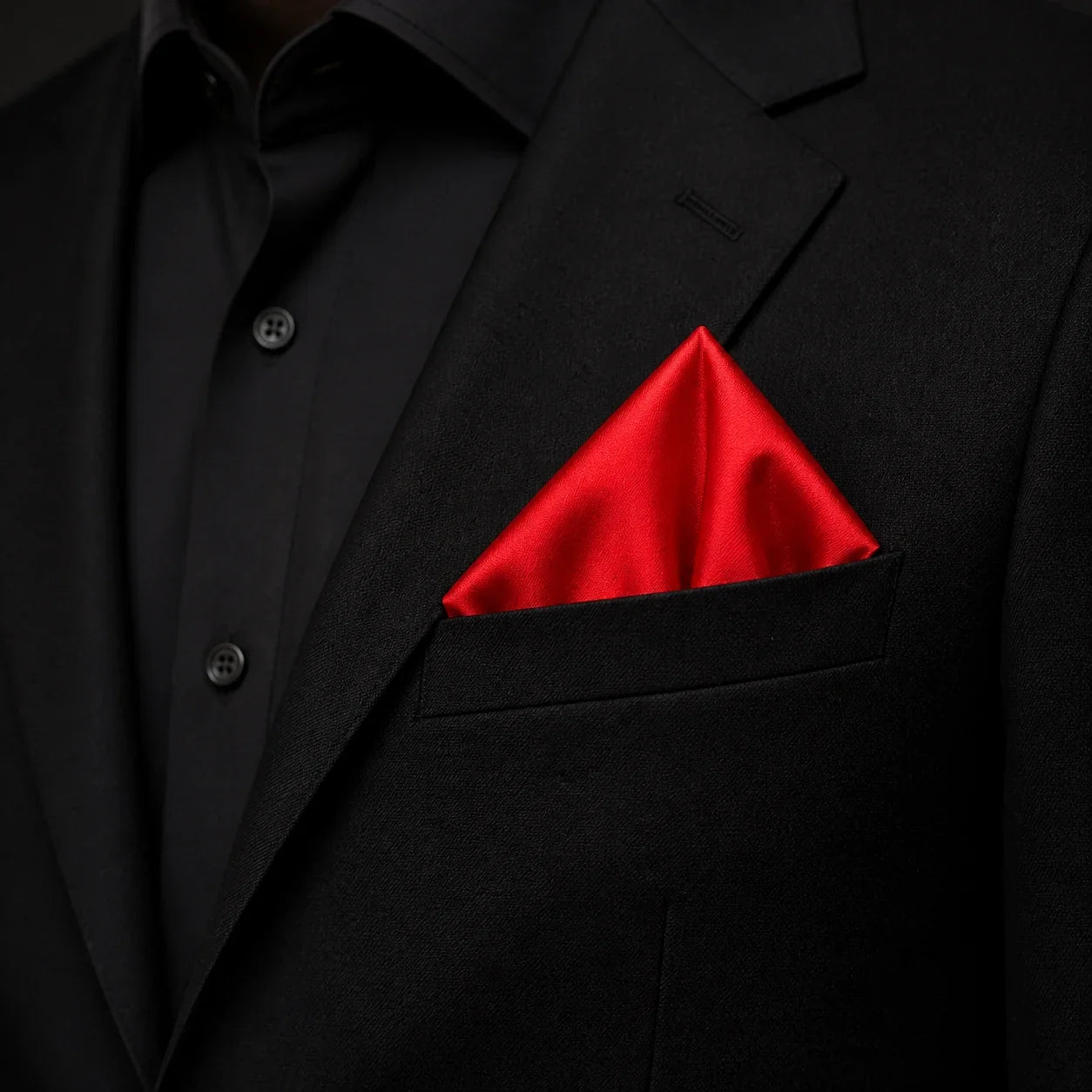 Solid red silk pocket square folded into the breast pocket of a black wool jacket